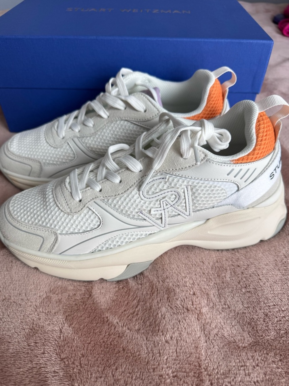 NEW IN BOX Stuart Weitzman Women’s SW Trainers, Beige/Orange/Lavender, Size 10